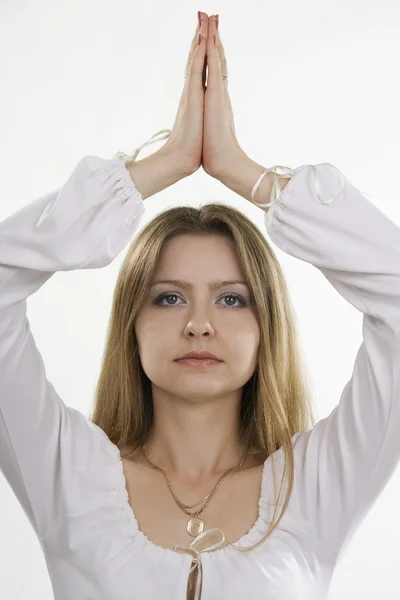 Meditation kvinna. vit isolering. — Stockfoto