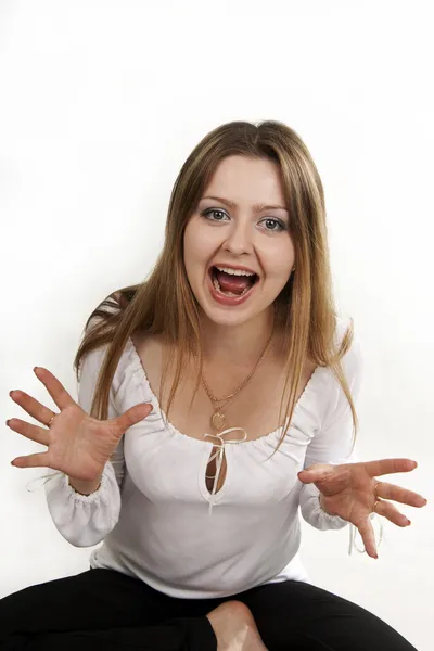 Woman shows surprise and Joy — Stock Photo, Image