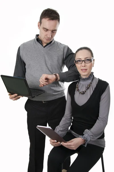 Affärsman och affärskvinna diskutera arbetstid stunder — Stockfoto