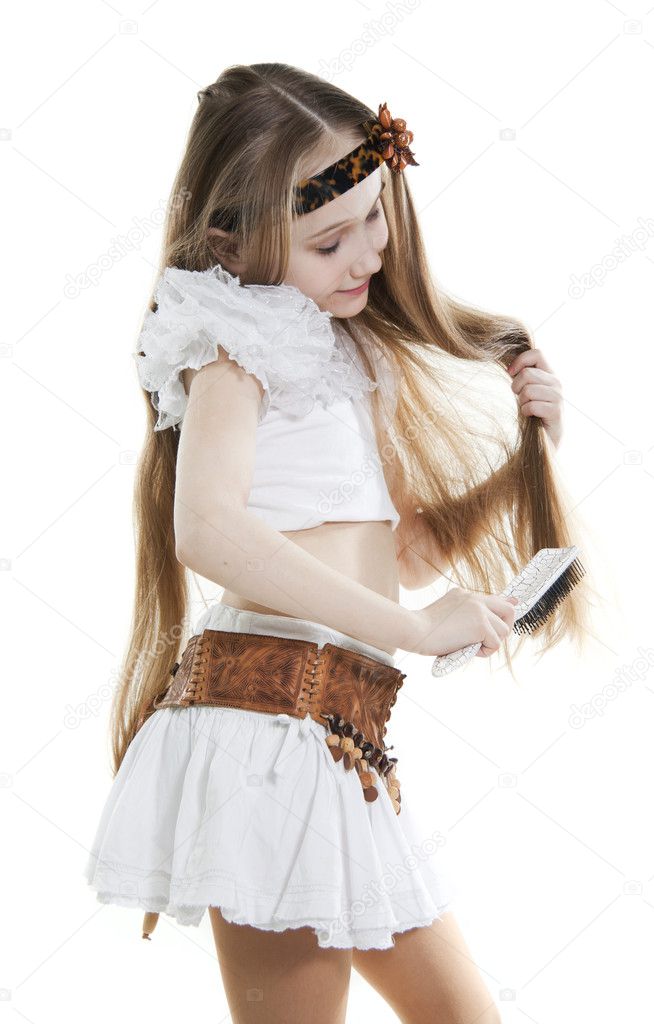 Girl blonde combs long hair