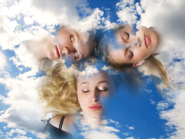 Three girls sleeping in clouds.