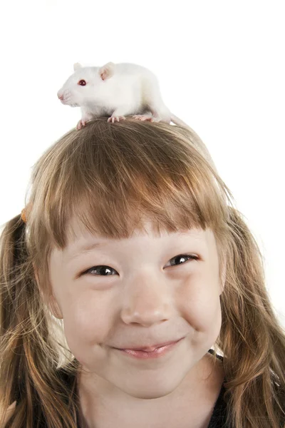 Das fröhliche Mädchen mit der Ratte auf dem Kopf — Stockfoto