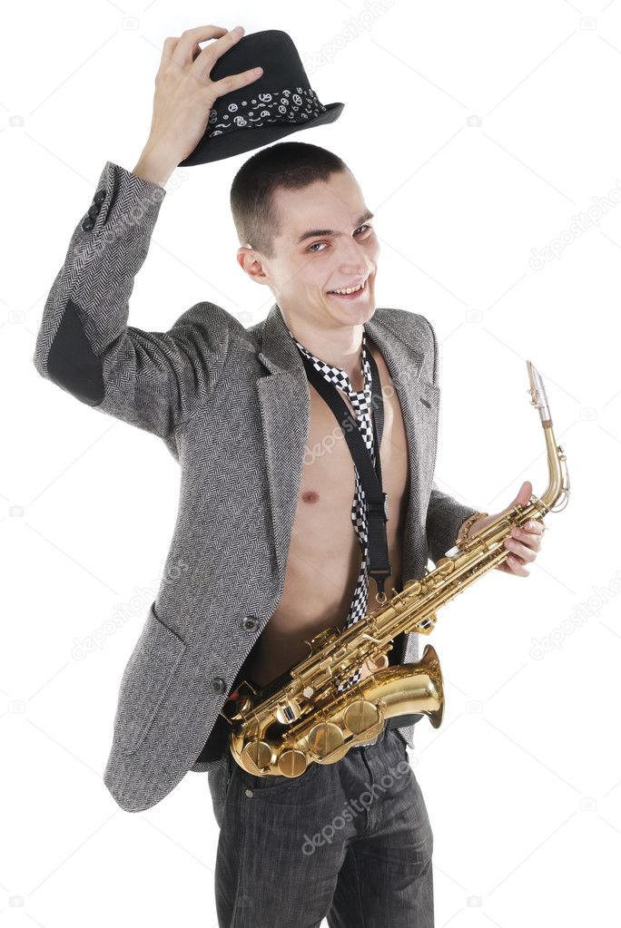 The young jazzman with saxophone takes off a hat