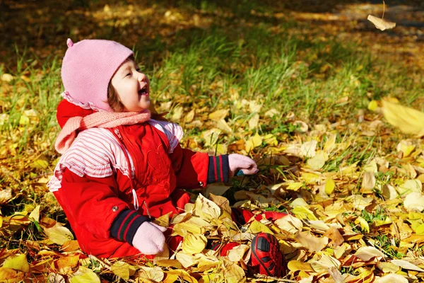 Baby playing with autumn leaves — Stock Photo, Image