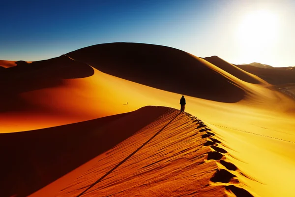 Восхождение Песчаную Дюну Рассвете Пустыня Сахара Алжир — стоковое фото