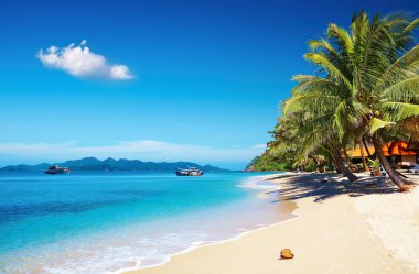 Tropical beach with coconut palms and bungalow, Thailand clipart