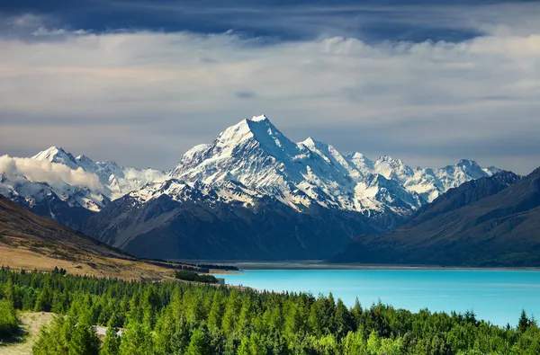 Mount Cook Και Pukaki Λίμνη Νέα Ζηλανδία Εικόνα Αρχείου