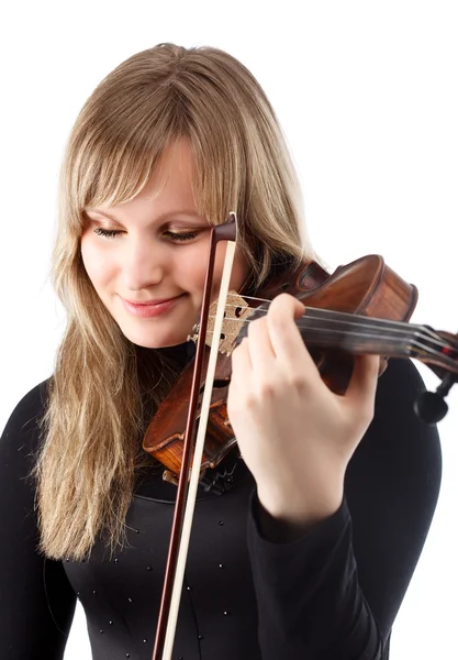 Retrato Uma Jovem Violinista Isolado Sobre Fundo Branco — Fotografia de Stock