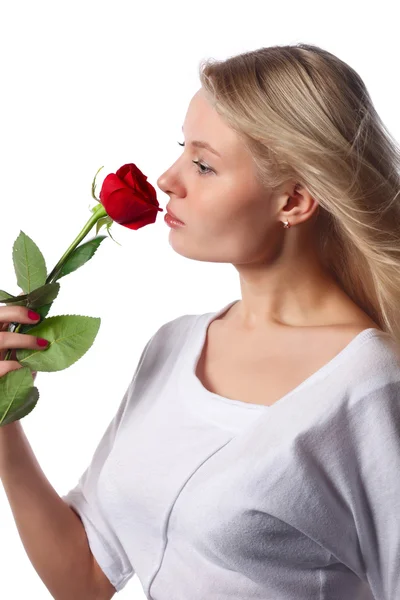 stock image Young blonde woman with red rose.