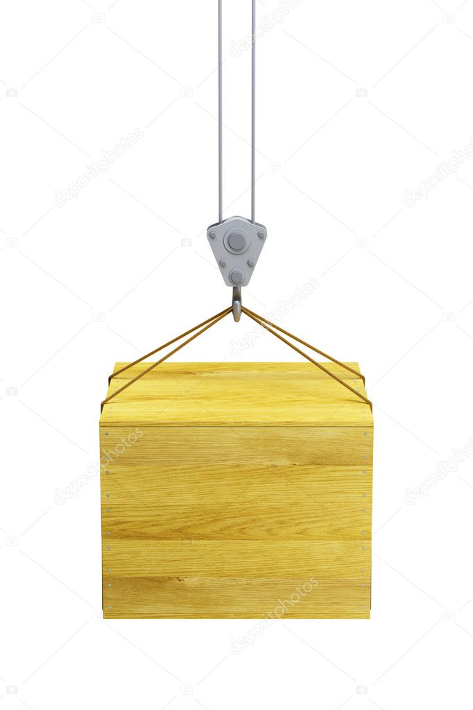 Hook holding wooden container, isolated 3d render