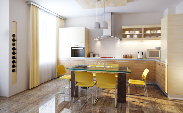 Modern design of a kitchen interior 3d render
