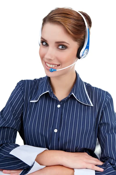 Rappresentante del cliente con auricolare sorridente durante un telefono — Foto Stock