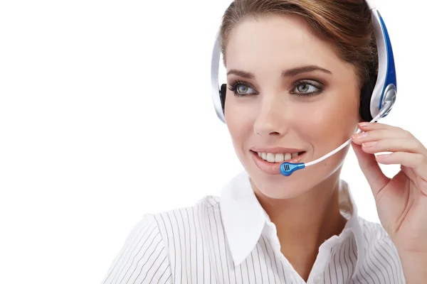 Rappresentante del cliente con auricolare sorridente durante un telefono — Foto Stock