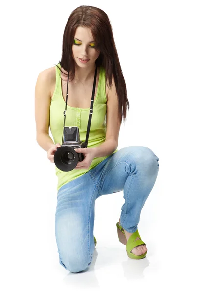 Mulher Bonita Com Câmera — Fotografia de Stock