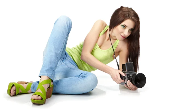 Mulher Bonita Com Câmera — Fotografia de Stock