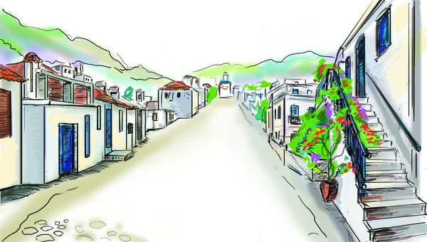 Yunan kasabaya çizim — Stok fotoğraf