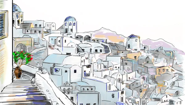 Drawing Greek Town — Stock Photo, Image
