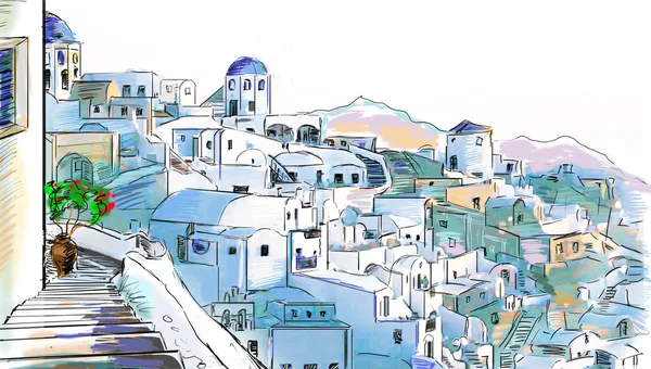 Tekening naar de Griekse stad — Stockfoto