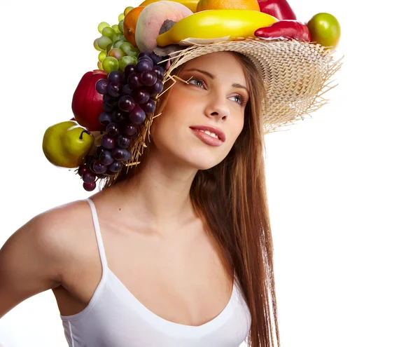Bir Kadeh Meyve Şapkalar Güzel Bir Kadın Gıda Kavramı Sağlık — Stok fotoğraf