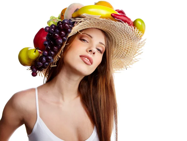Bir Kadeh Meyve Şapkalar Güzel Bir Kadın Gıda Kavramı Sağlık — Stok fotoğraf