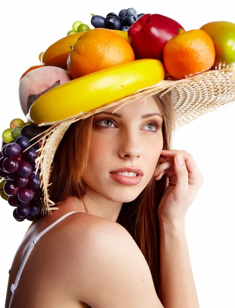 Girato Una Bella Giovane Donna Con Copricapo Frutta Concetto Alimentare — Foto Stock