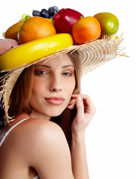 Ujęcie Piękna Młoda Kobieta Owoców Nakrycia Głowy Pojęcie Żywności Opieki — Zdjęcie stockowe