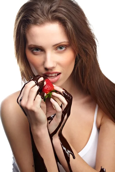 Portrait Beautiful Woman Chocolate Desert — Stock Photo, Image