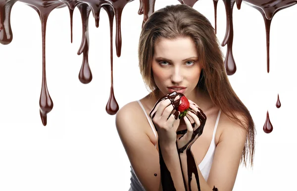 Retrato Mulher Bonita Com Deserto Chocolate — Fotografia de Stock
