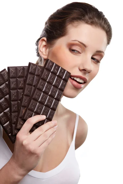 Bir çikolata ile güzel bir kadın portresi — Stok fotoğraf