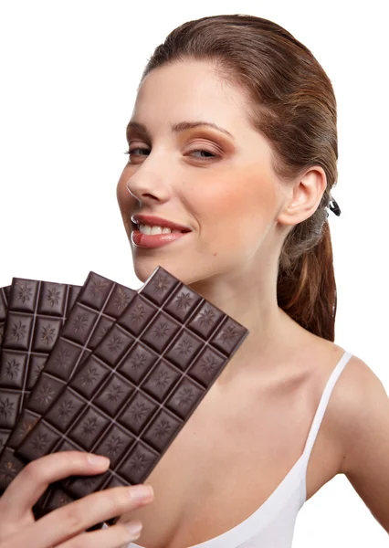 Porträt einer schönen Frau mit Schokolade — Stockfoto