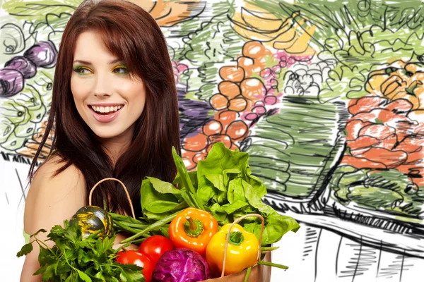 Leende Kvinna Med Frukt Och Grönsaker Över Vit Bakgrund — Stockfoto