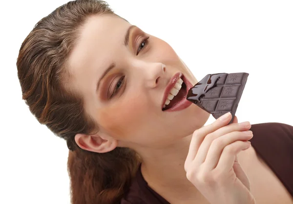 Retrato Mulher Bonita Com Deserto Chocolate — Fotografia de Stock