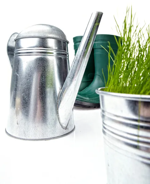 Інструменти для саду та поливання з травою на білому — стокове фото