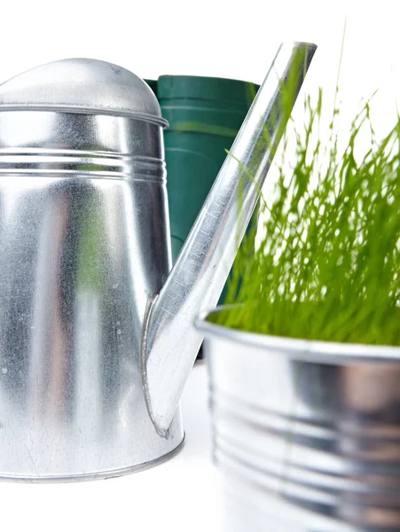 Garden tools and watering can with grass on white — Stock Photo, Image