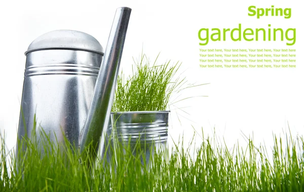 Gießkanne mit Gras und Gartengeräten auf weiß — Stockfoto