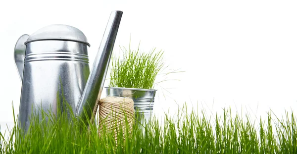 Narzędzia ogrodowe i konewka z trawy na biały — Zdjęcie stockowe