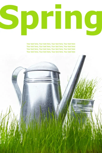 Watering can with grass and garden tools on white — Stock Photo, Image