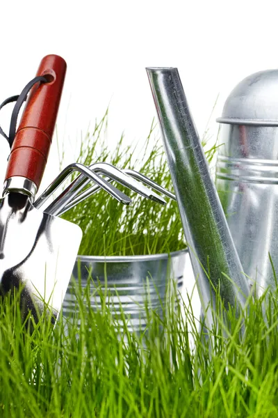정원 도구와 백색에 잔디 급수 깡통 — 스톡 사진