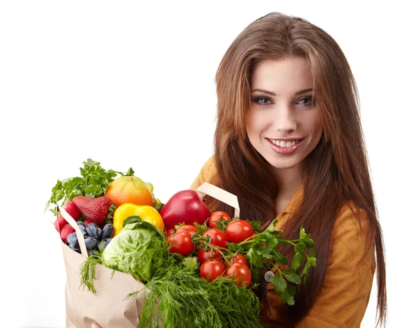 Žena drží pytel plný zdravých potravin. nakupování . — Stock fotografie