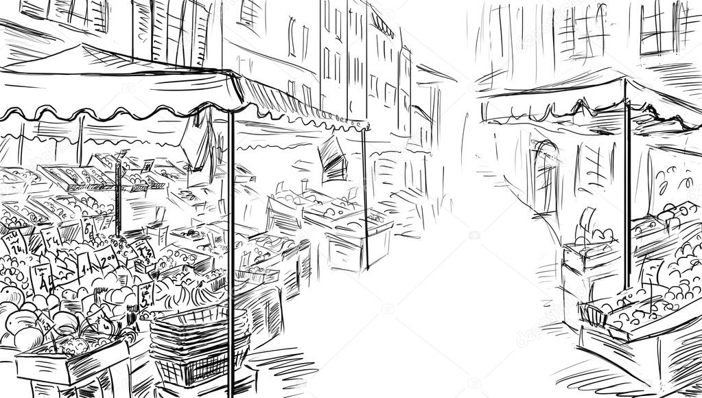 Fruits and vegetables shoping.Illustration sketch