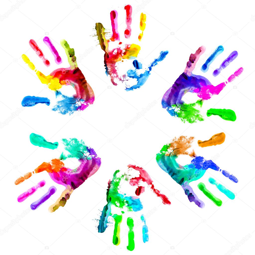 Multi coloured painted handprints arranged in a circle on a white background.