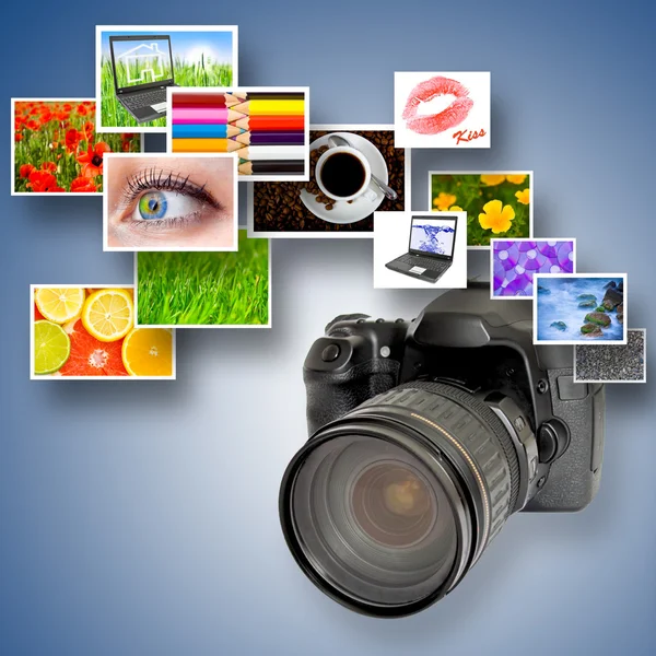 Digitális Fényképezőgép Fényképek Kék Háttérrel — Stock Fotó
