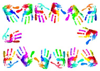 Multi coloured painted handprints in the form of a frame clipart