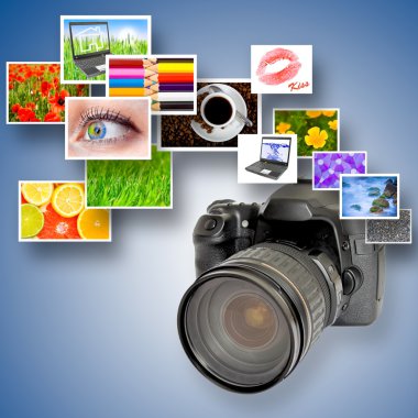 Digital camera and photographs against blue background clipart