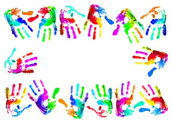 Multi Χρώματος Χειροποίητη Handprints Μορφή Ενός Πλαισίου — Φωτογραφία Αρχείου