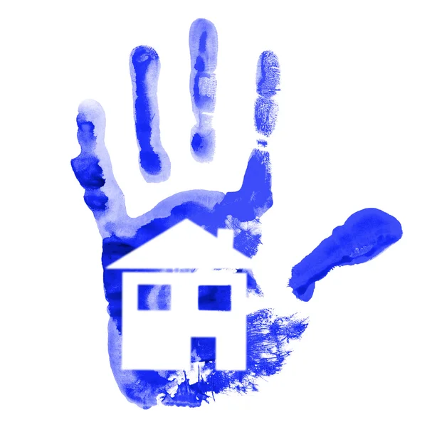 Handabdruck Und Haus Auf Weiß — Stockfoto