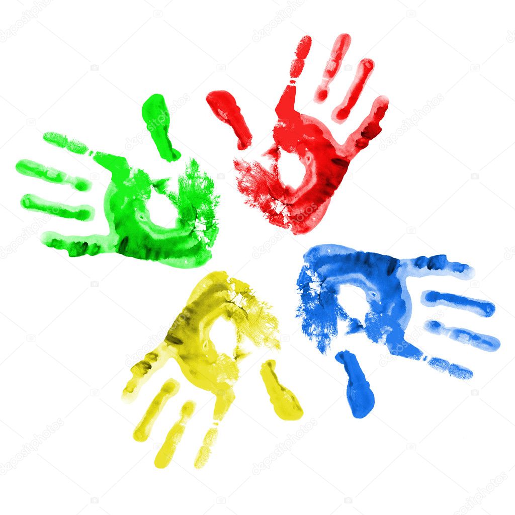 Impronte di mani in diversi colori su sfondo bianco — Foto di vlad star