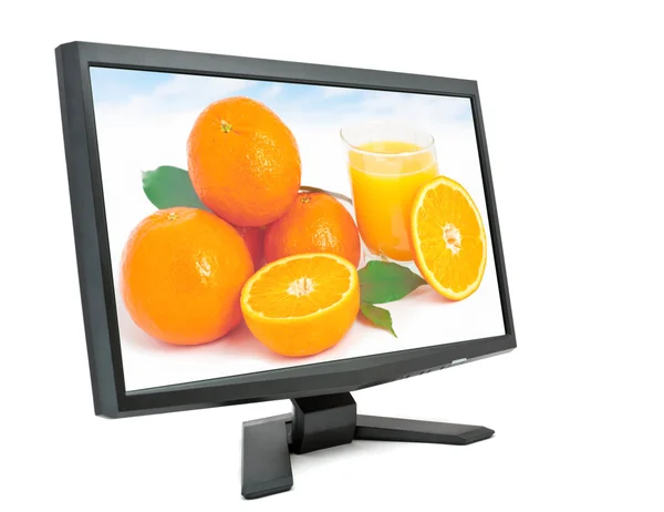 Lcd Fernseher Oder Computermonitor Mit Obst Auf Dem Bildschirm — Stockfoto