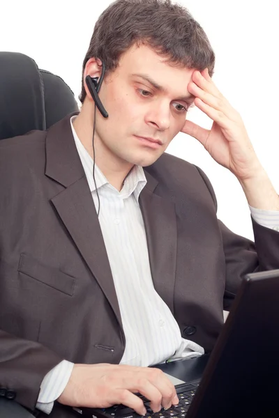 Close Businessman Headset Working Laptop — Stock Photo, Image