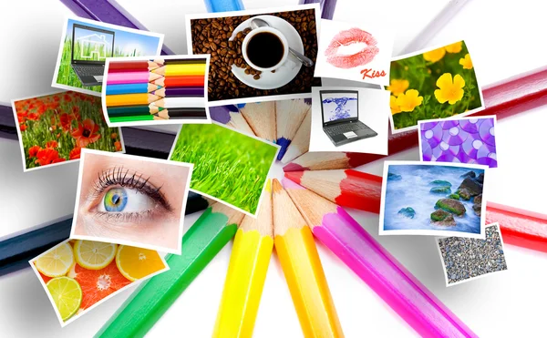 Lápis de cor e fotos — Fotografia de Stock